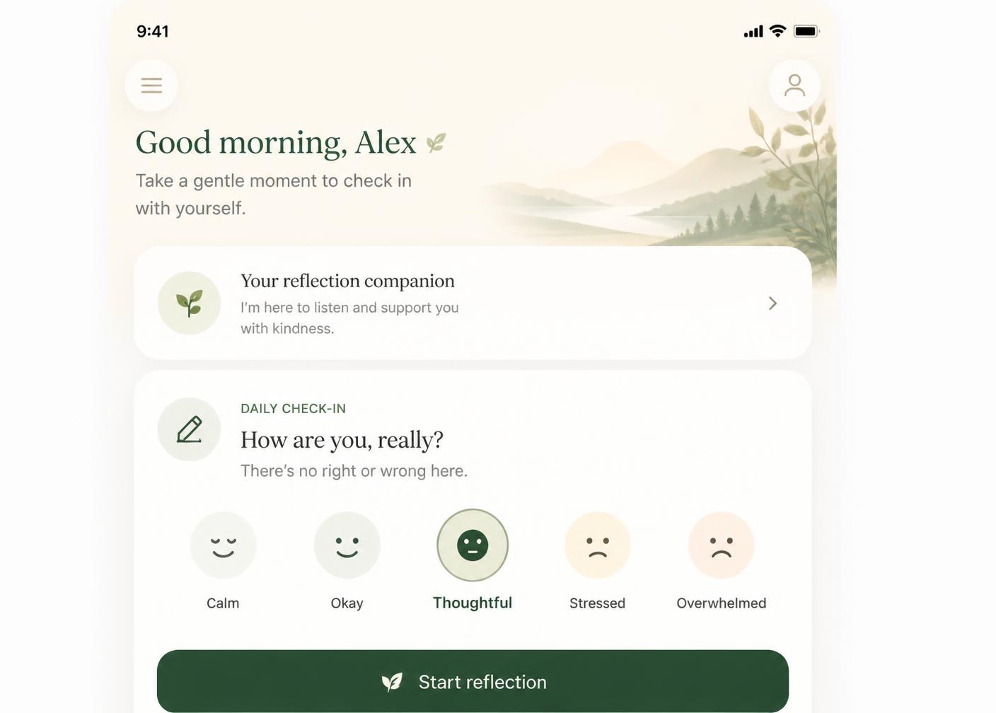 Reclaim mobile app daily check-in and reflection companion screen